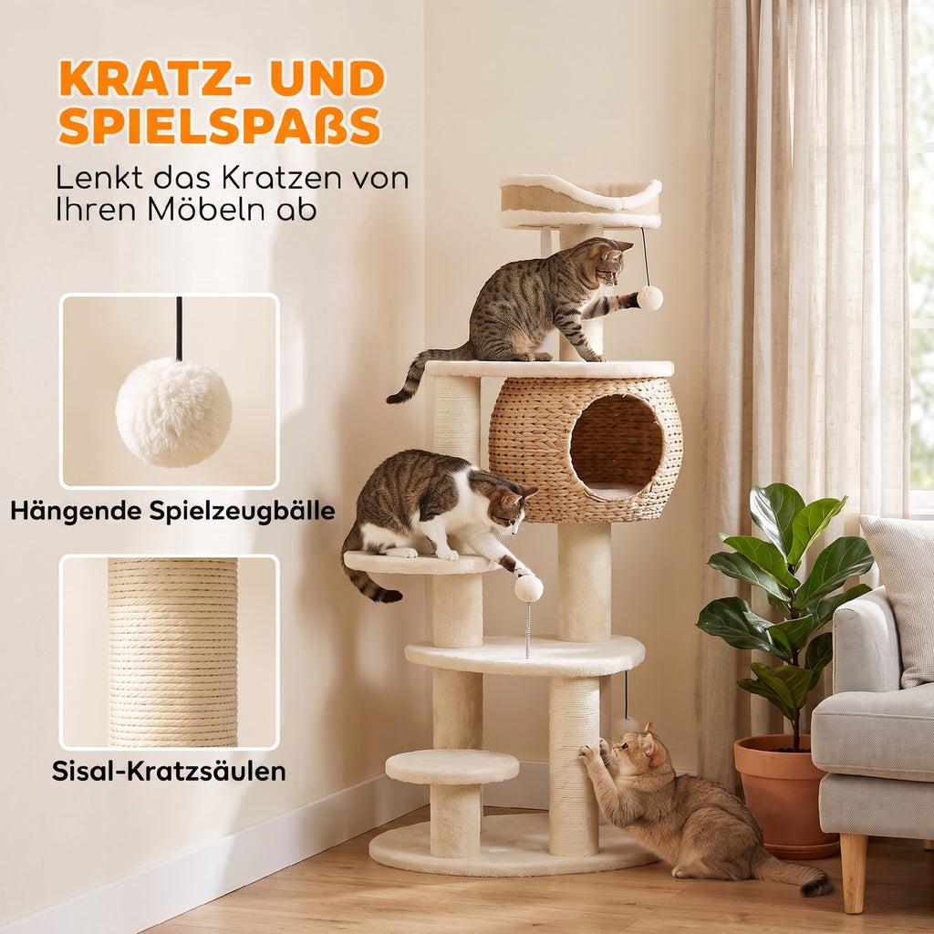 Draskyklė 132 cm su pintu švendrių nameliu, guoliu, 3 stulpais ir 3 kamuoliukais, 1–2 katėms iki 6 kg, smėlio spalvos