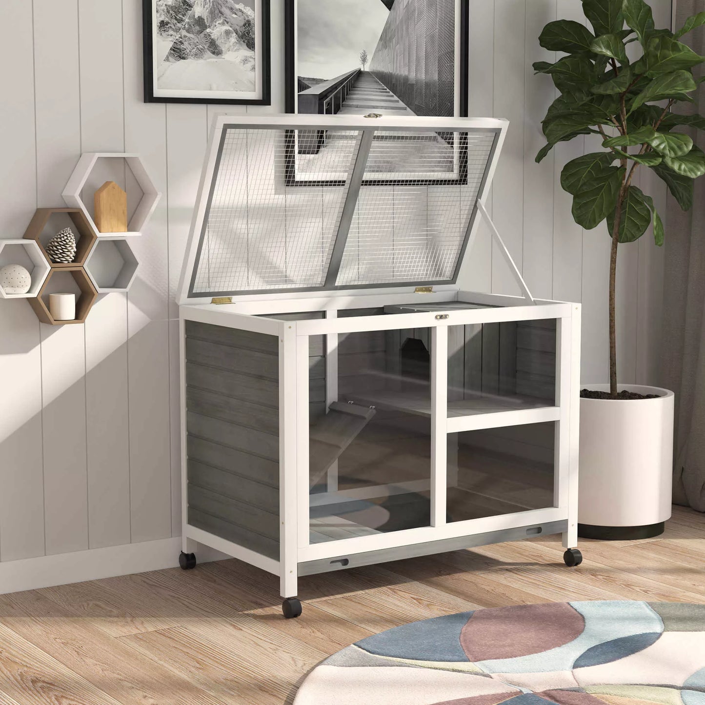 Mažų gyvūnų narvas su 2 lygiais, 4 ratukais, užsandarintas pušies medžio, pilkos spalvos