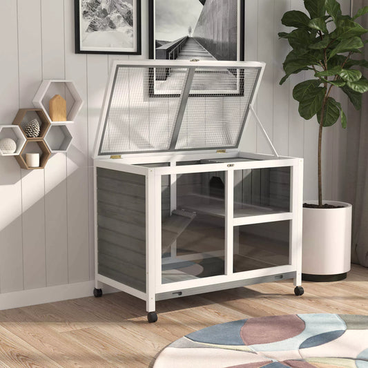 Mažų gyvūnų narvas su 2 lygiais, 4 ratukais, užsandarintas pušies medžio, pilkos spalvos