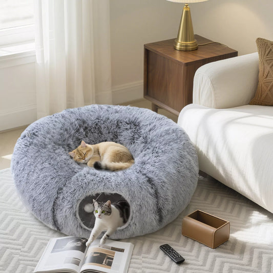 Cat tunnel, plush fabric, cushion, foldable, metal frame, cat bed, light gray
