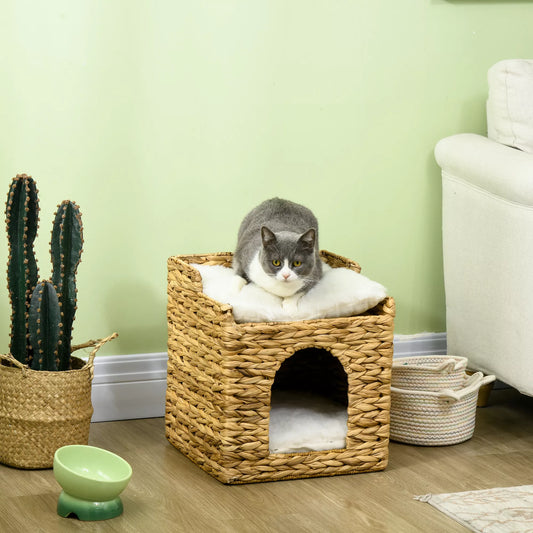 Kaķu gulta no ūdens hiacintes zāles, 2 guļvietas, 2 mazgājami spilveni, dabīga + balta krāsa