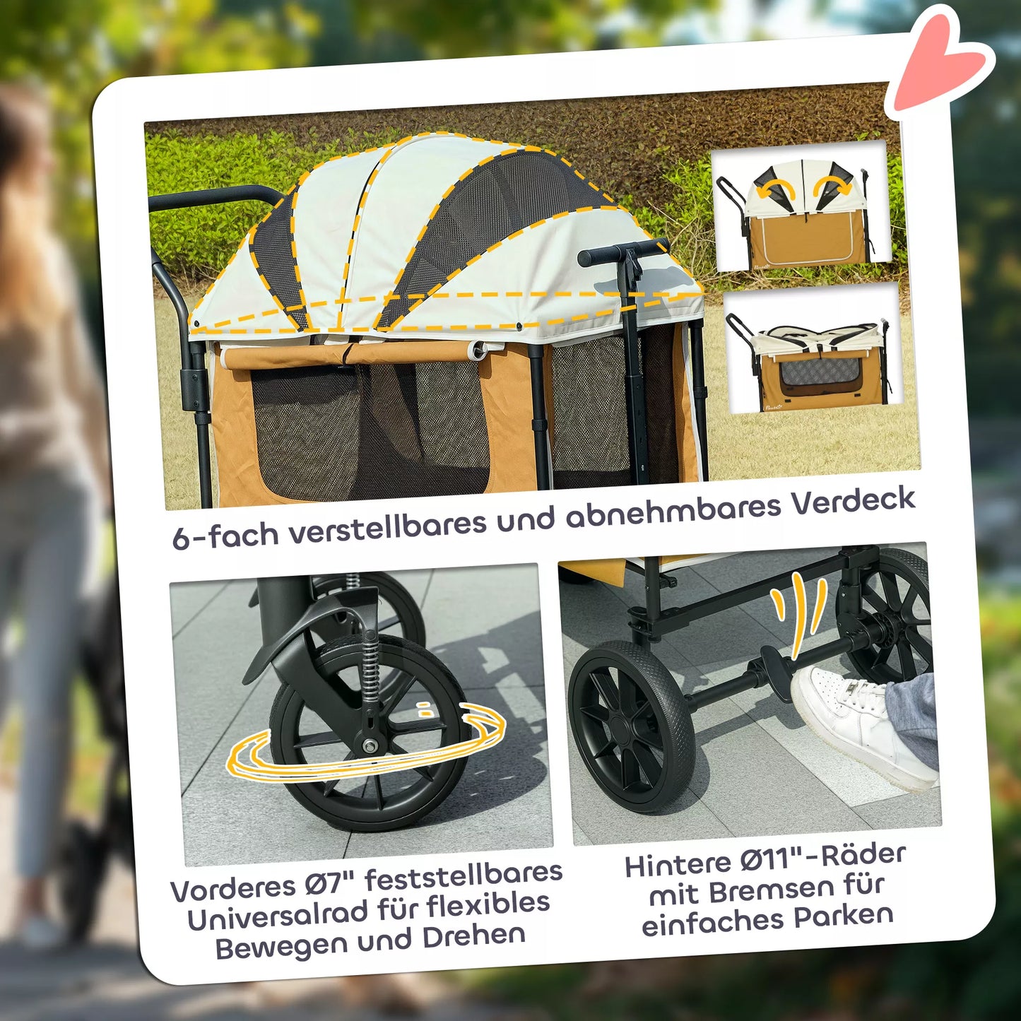 Sulankstomas šunų vežimėlis šunims ir katėms iki 30 kg, 110 x 65 x 102 cm, rudas