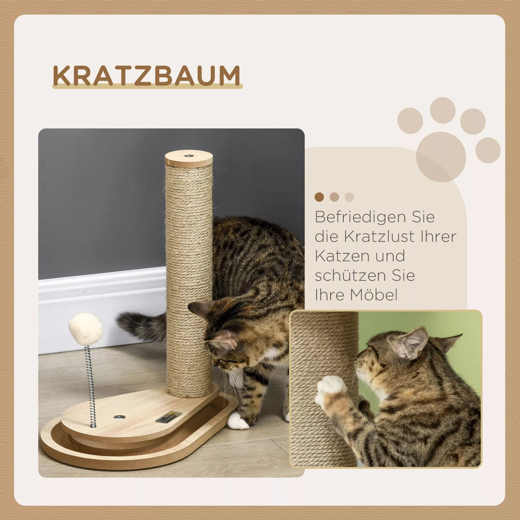 Kaķu skrāpēšanas stabs kaķēniem ar rotaļlietu, bumbu trasi, atsperes bumbu, 35 cm x 23 cm x 40 cm, dabīgs