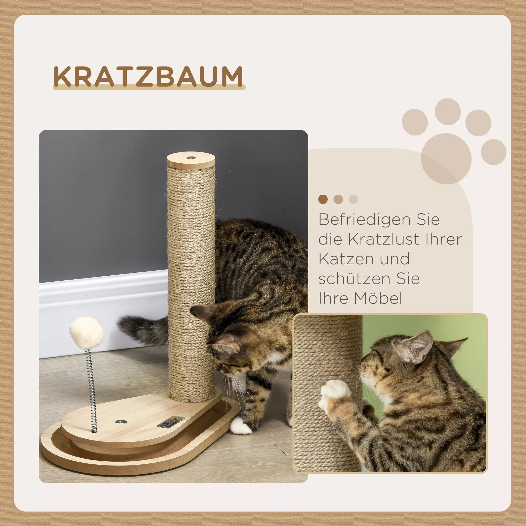Kaķu skrāpēšanas stabs kaķēniem ar rotaļlietu, bumbu trasi, atsperes bumbu, 35 cm x 23 cm x 40 cm, dabīgs
