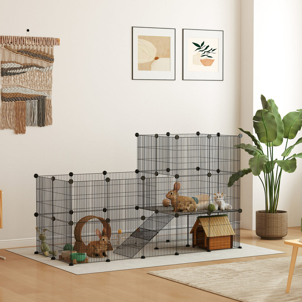 Aptvaras nykštukiniams triušiams ir jūrų kiaulytėms iš 39 plokščių, 2 aukštų su rampa, 140x70x105 cm, juodas