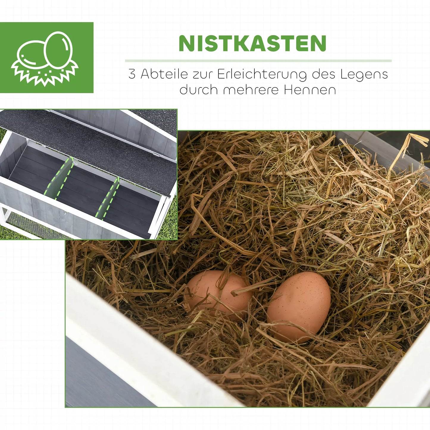 PawHut Vištidė su voljeru 3-4 vištoms, 3 dalių perėklų dėžė, 1,9 m² plotas, eglės mediena, pilka