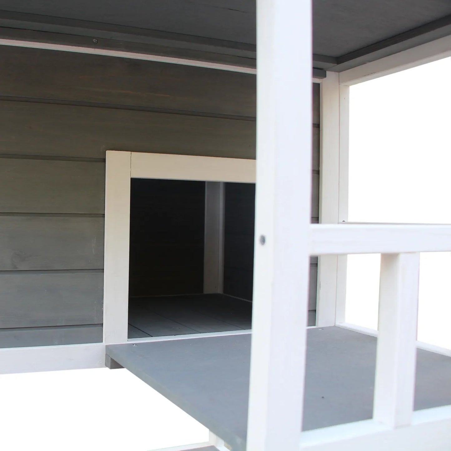 Katės namelis, eglės mediena, lauko katės būda su terasa, katės guolis, 4 aukštai, katės vila su laiptais, asfaltinis stogas, atsparus žiemai, smulkių gyvūnėlių namelis, pilkas, 75,5 x 75 x 137 cm