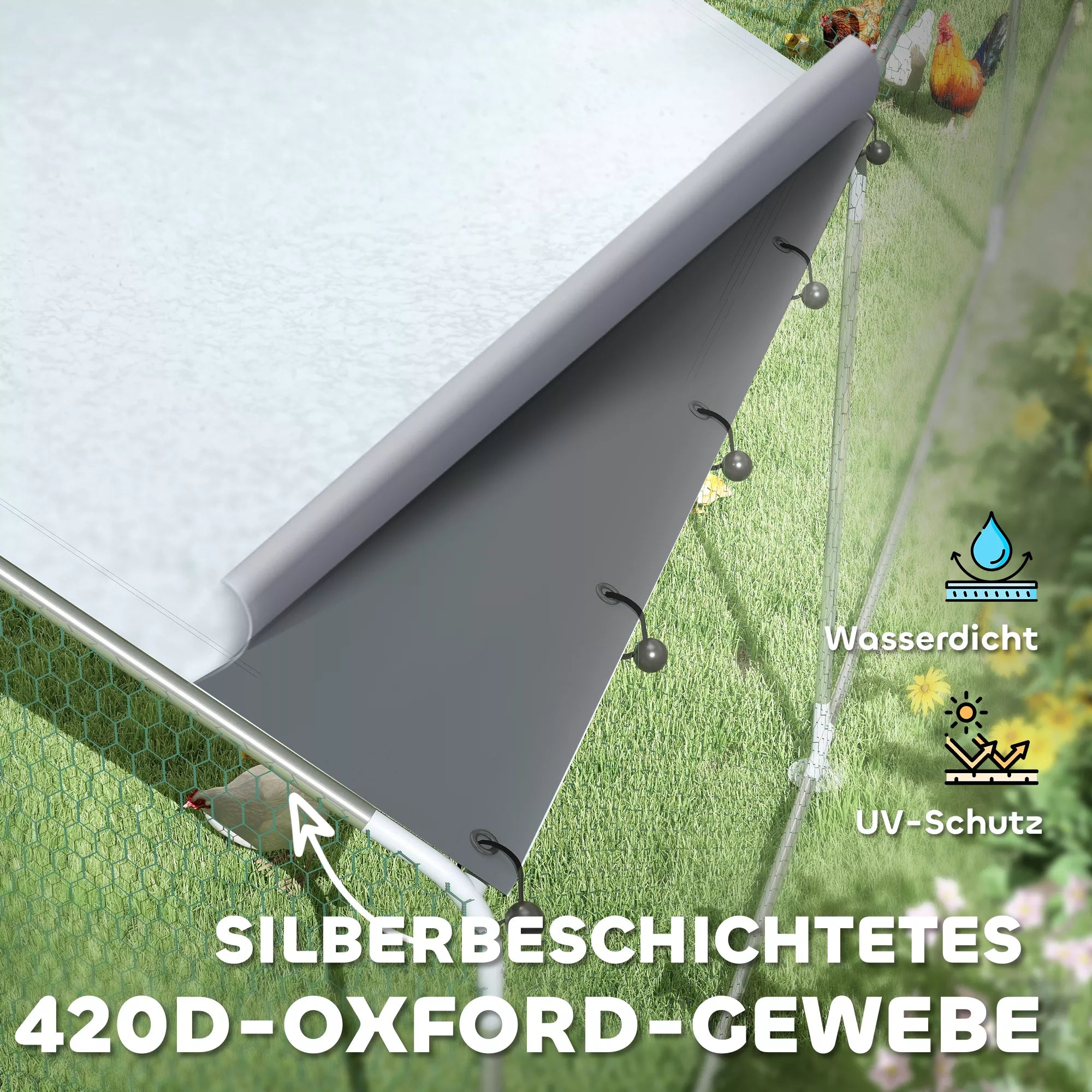 Vištidė, vištų aptvaras, su UV spinduliams atspariu tentu, plieniniu tinklu, pašarų automatiniu dozatoriumi, skirtas 24–30 vištoms.