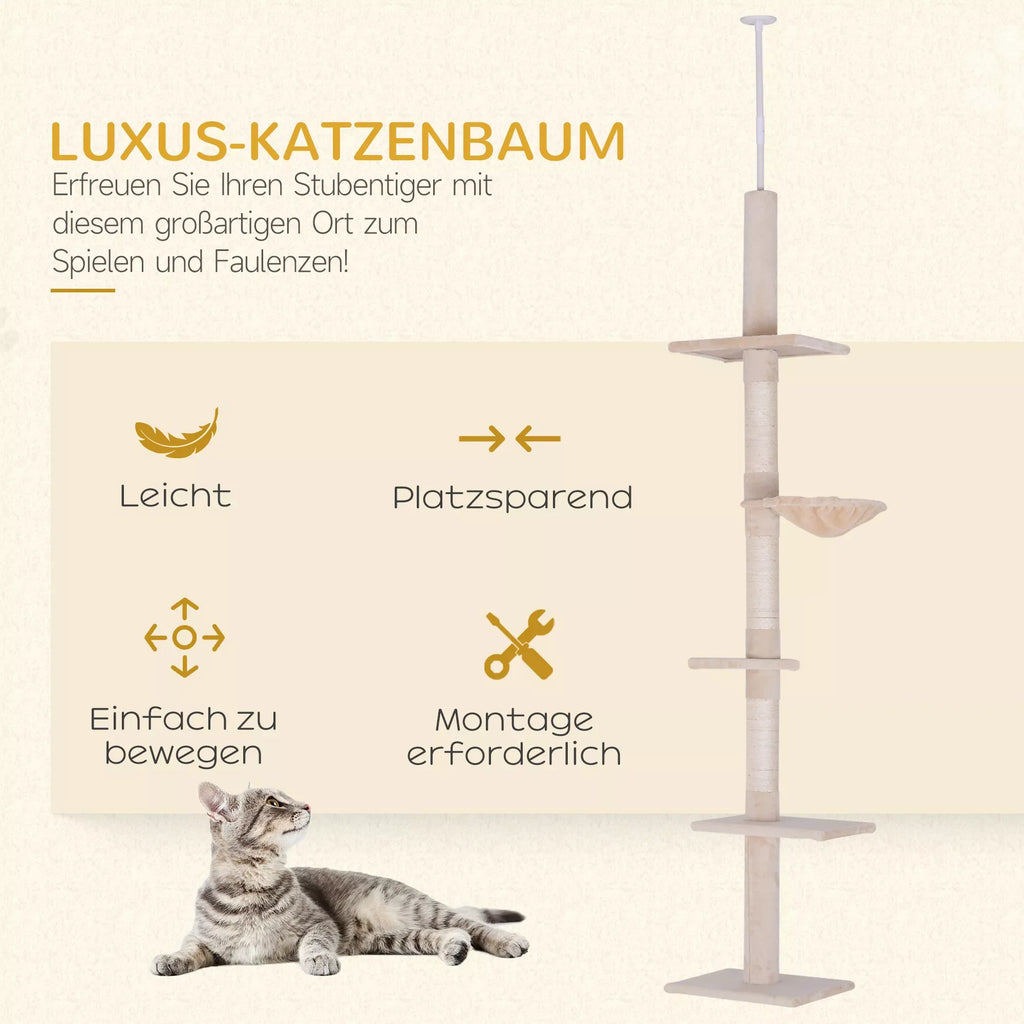 Kaķu māja līdz griestiem, regulējams augstums, stabils kaķu koks ar sizala stabiem, kaķu kāpšanas koks, bēšs, 40 x 34 x 230-260 cm