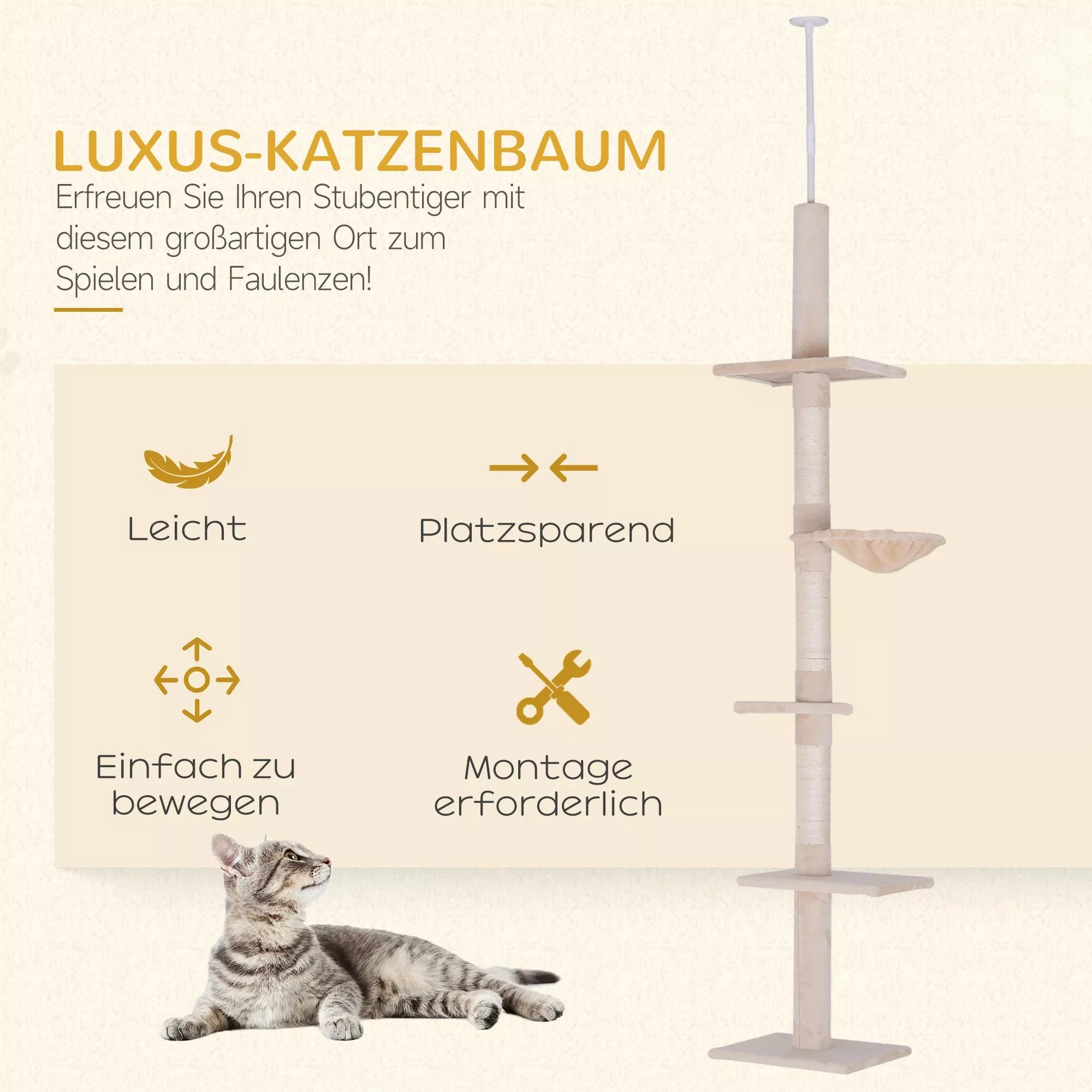 Kaķu māja līdz griestiem, regulējams augstums, stabils kaķu koks ar sizala stabiem, kaķu kāpšanas koks, bēšs, 40 x 34 x 230-260 cm