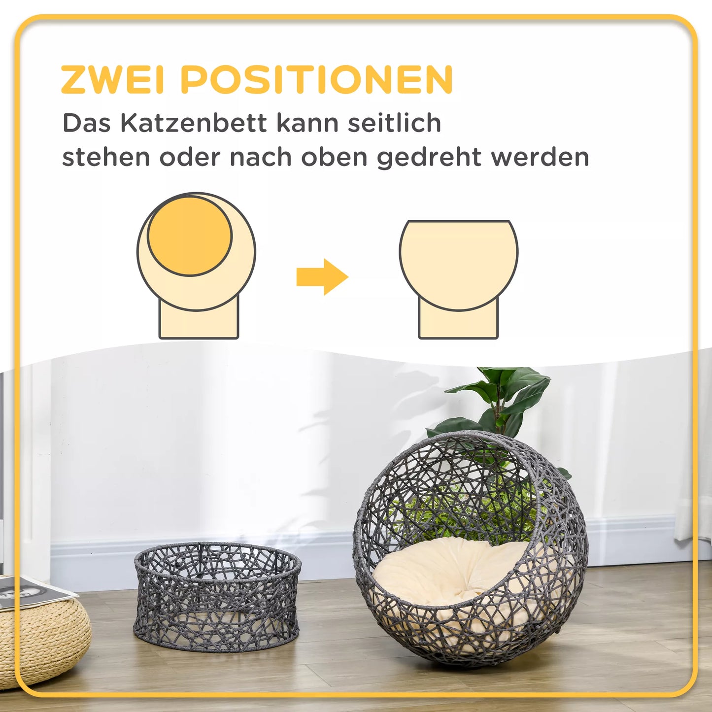 Kaķu grozs, kaķu gulta ar spilvenu, 2 daļu, 50 cm x 50 cm x 60 cm, krēmbalts + antracīts