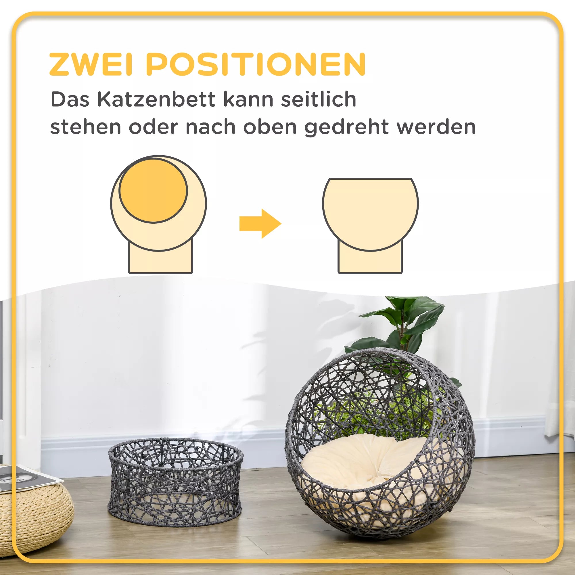 Kaķu grozs, kaķu gulta ar spilvenu, 2 daļu, 50 cm x 50 cm x 60 cm, krēmbalts + antracīts