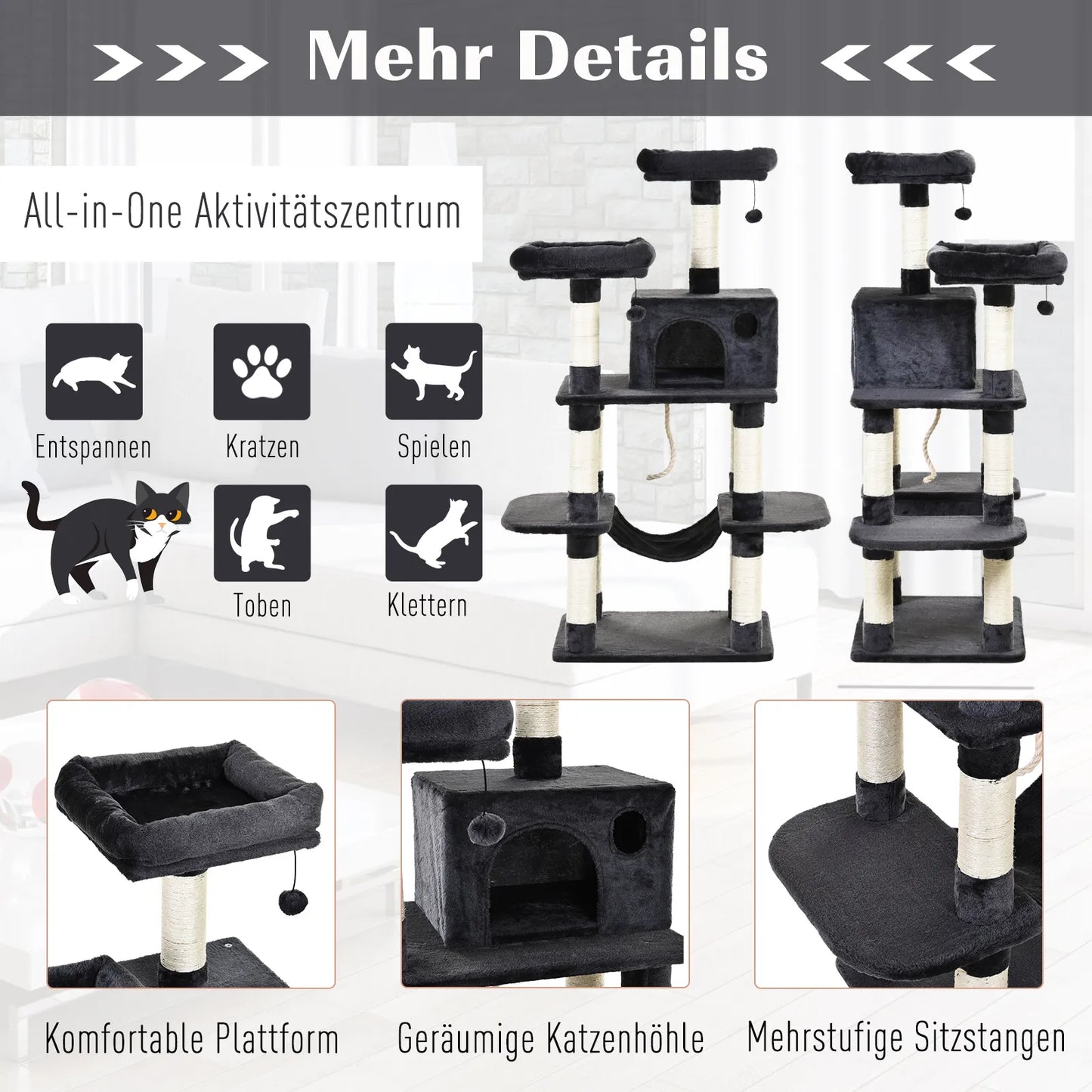 Prabangus katės medis su hamaku ir nameliu, tamsiai pilkas, 60 x 48 x 144 cm