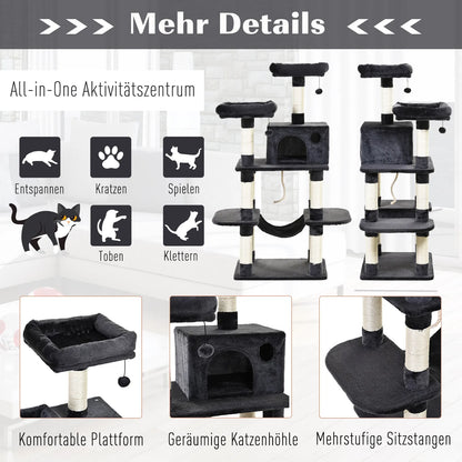 Prabangus katės medis su hamaku ir nameliu, tamsiai pilkas, 60 x 48 x 144 cm