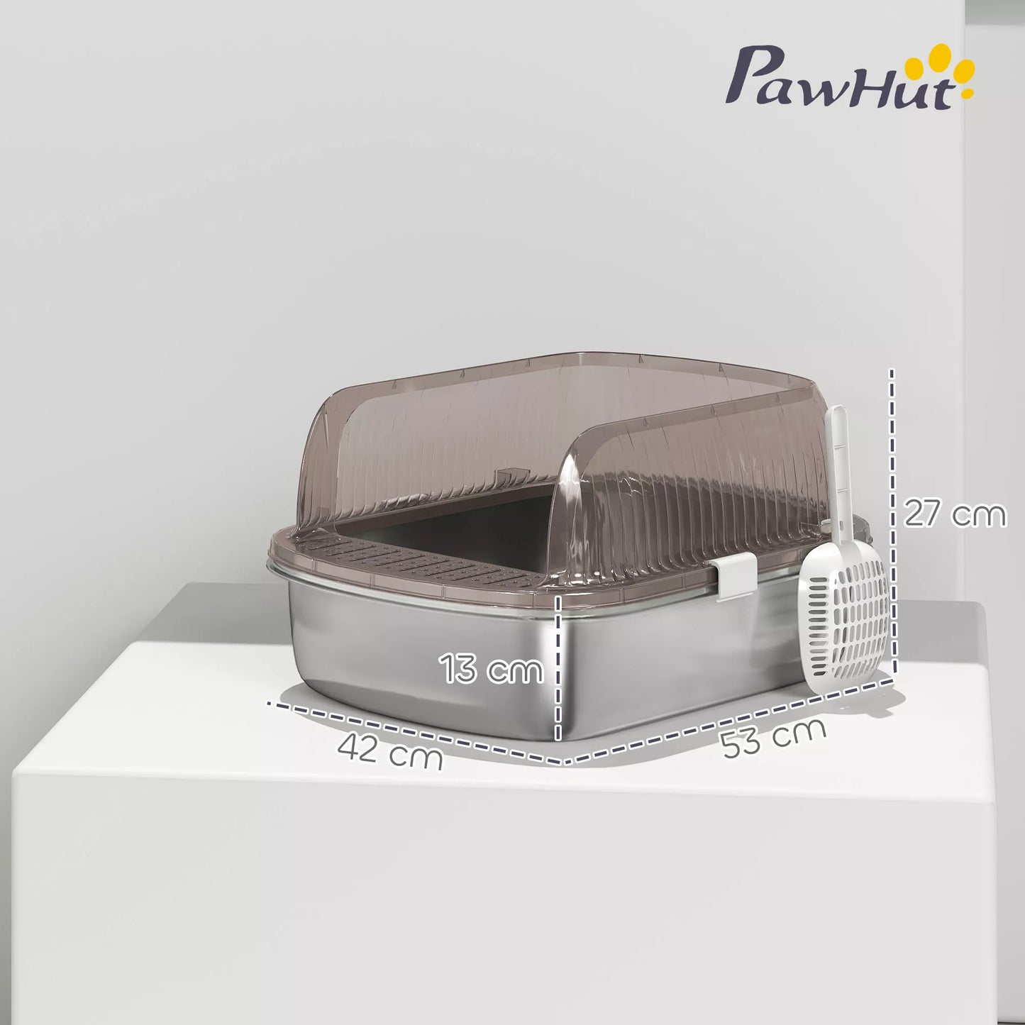 Nerūdijančio plieno tualetas didelėms katėms, vonelė su aukštu kraštu ir samteliu, plienas, 53 x 42 x 27 cm, anglies pilka