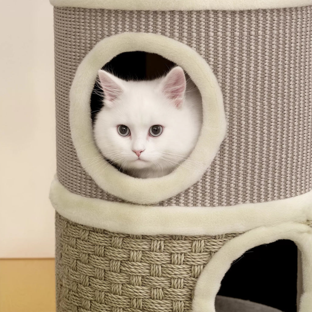 Kaķu skrāpējamais paklājiņš, 49 cm augsts, Ø35,5 cm, divstāvīgs ar plīša malu, skrāpējamais paklājiņš, 2 gultņi, haki+kafijas krāsā