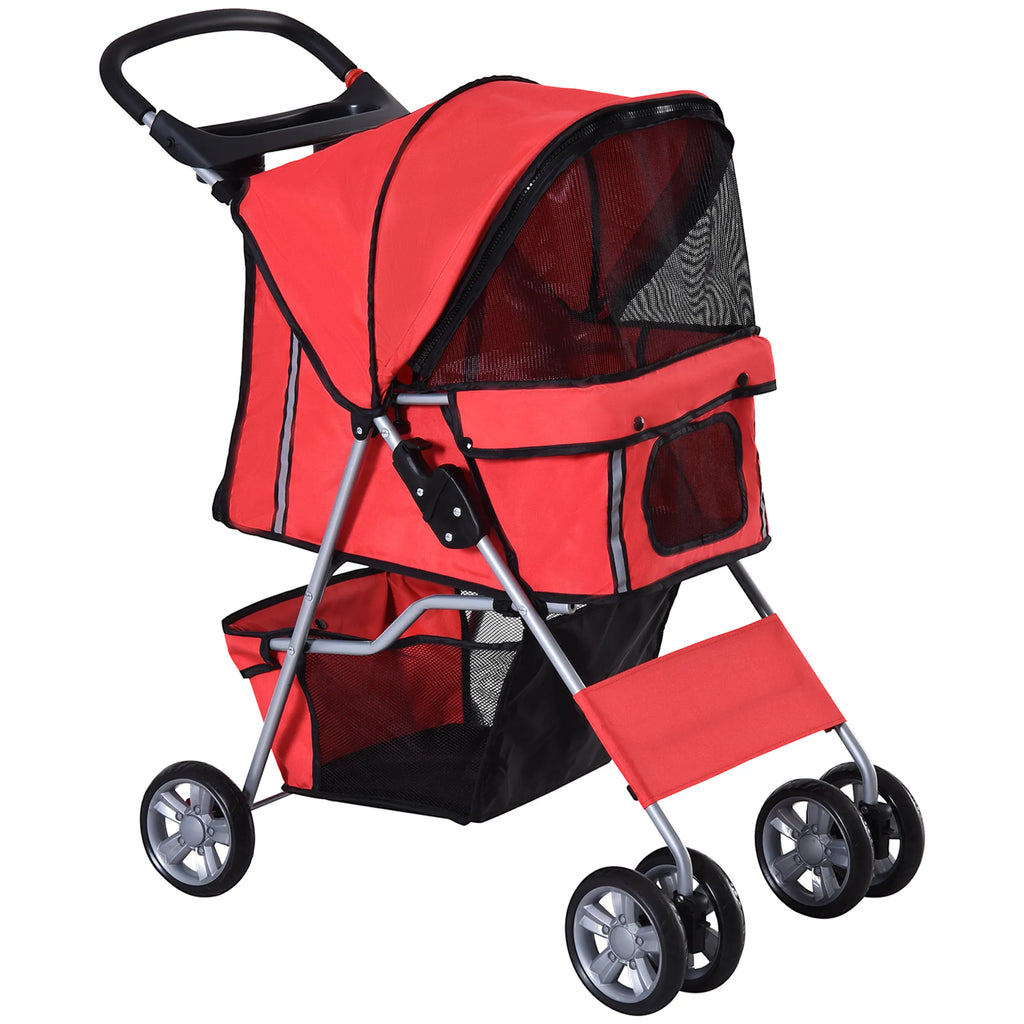 Sulankstomas šunų vežimėlis (trolley) iki 10 kg su puodelio laikikliu ir stogeliu nuo saulės, raudonas