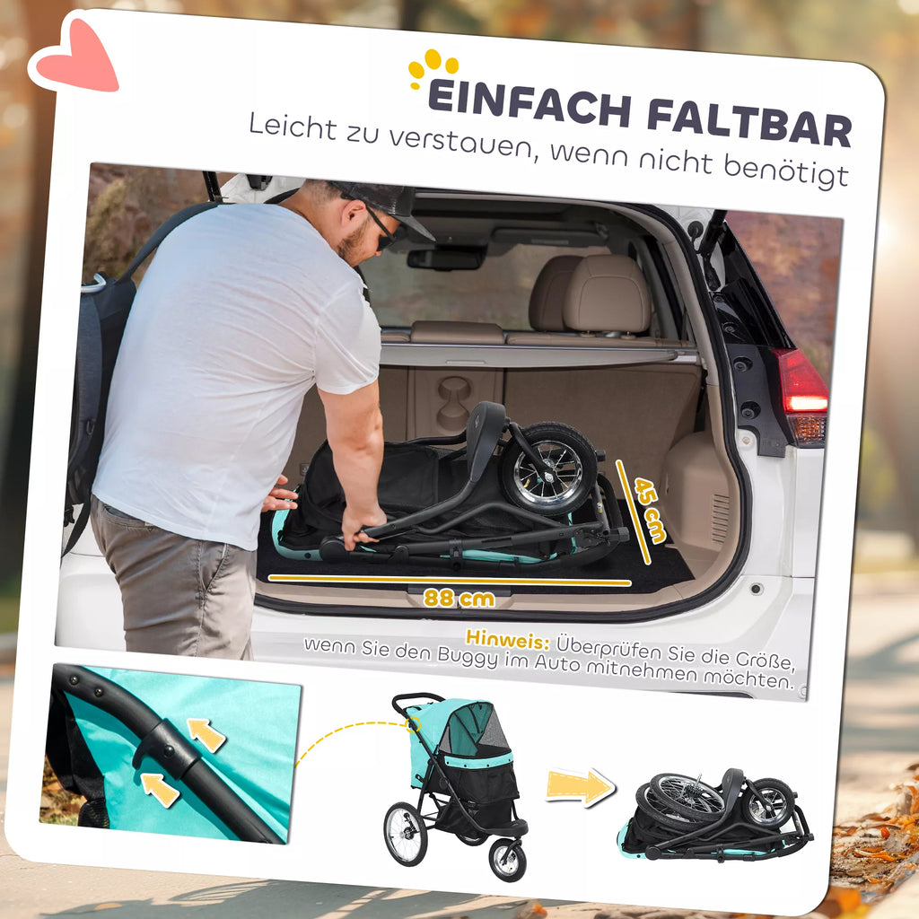 Šunų vežimėlis, naminių gyvūnėlių vežimėlis mažoms šunims ir katėms, su daiktų laikymo krepšeliu, vienu spragtelėjimu sulankstomas, turkio spalvos