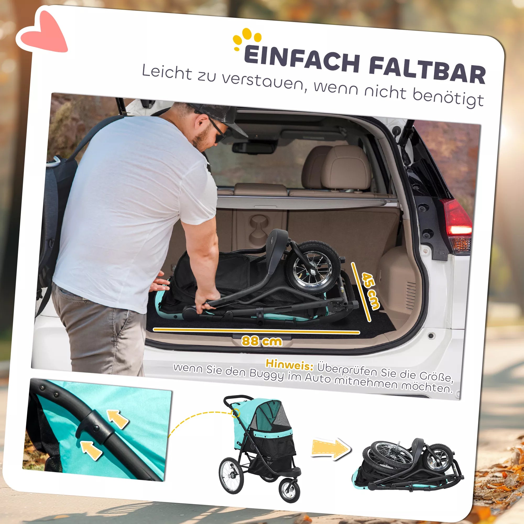 Šunų vežimėlis, naminių gyvūnėlių vežimėlis mažoms šunims ir katėms, su daiktų laikymo krepšeliu, vienu spragtelėjimu sulankstomas, turkio spalvos