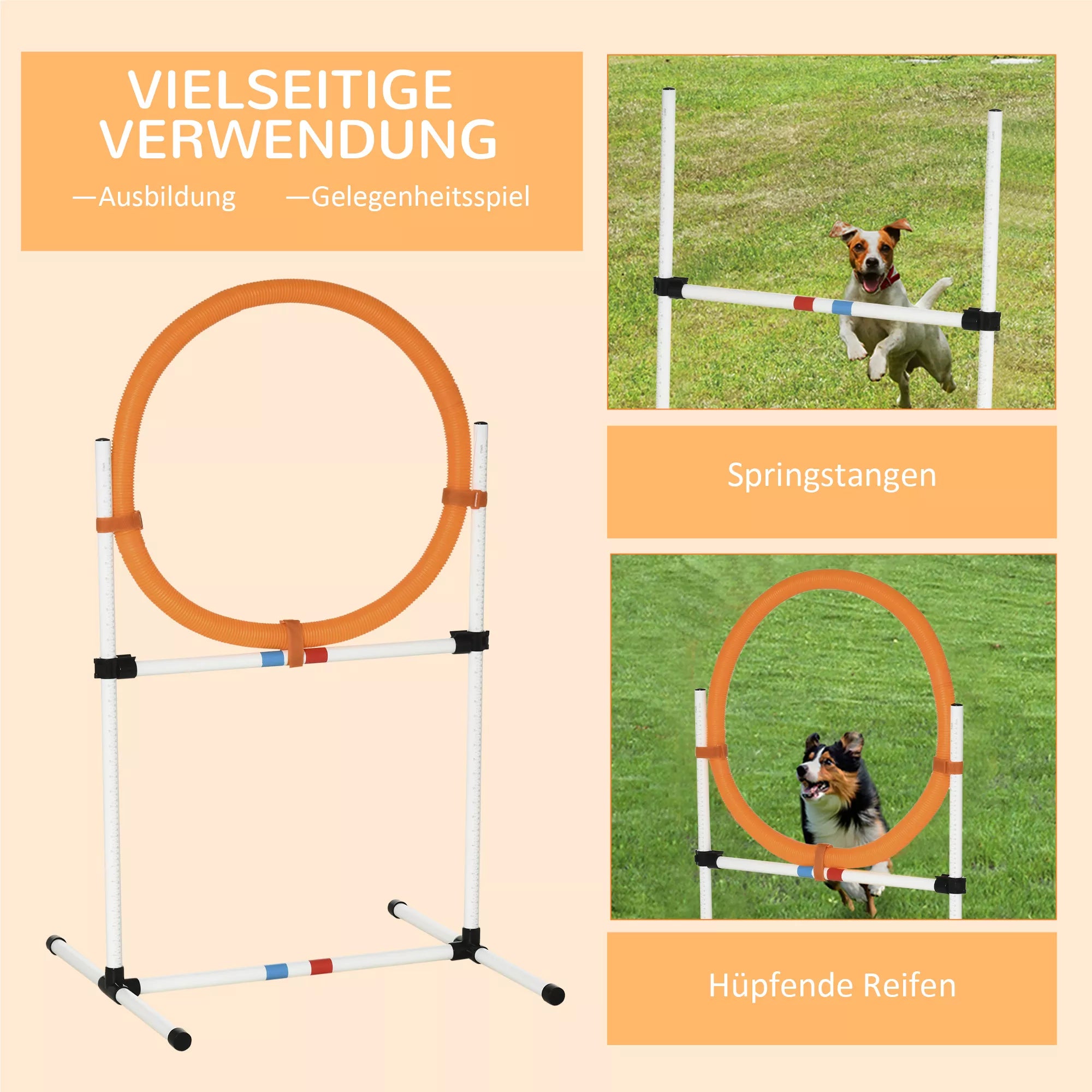 Šunų treniruočių rinkinys Šokinėjimo lankas augintinių agility treniruotėms, nešiojamas PE, balta + oranžinė, 74,5 x 66 x 91 cm