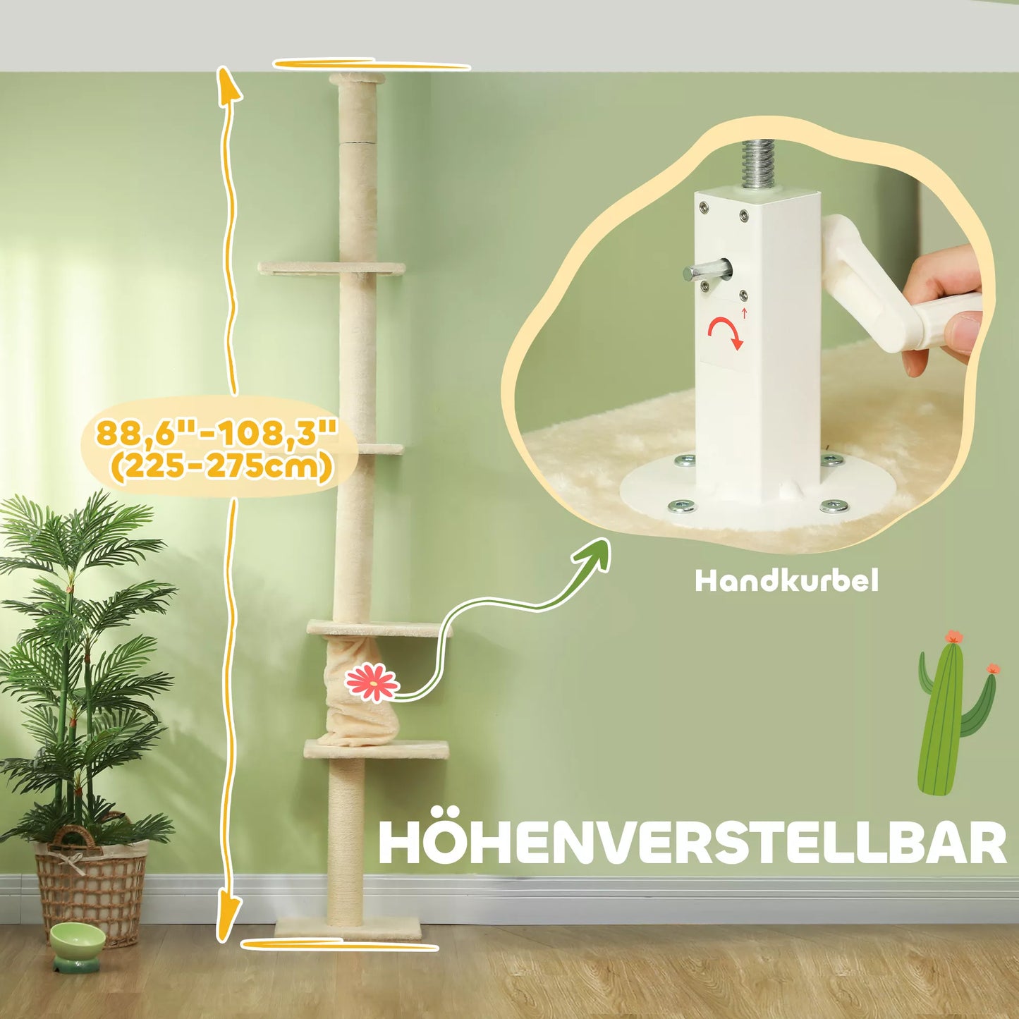 Draskyklė, reguliuojamas aukštis 225–275 cm, stabilus pagrindas, apsauga nuo apvirtimo, pliušinis apmušalas, kreminė balta spalva