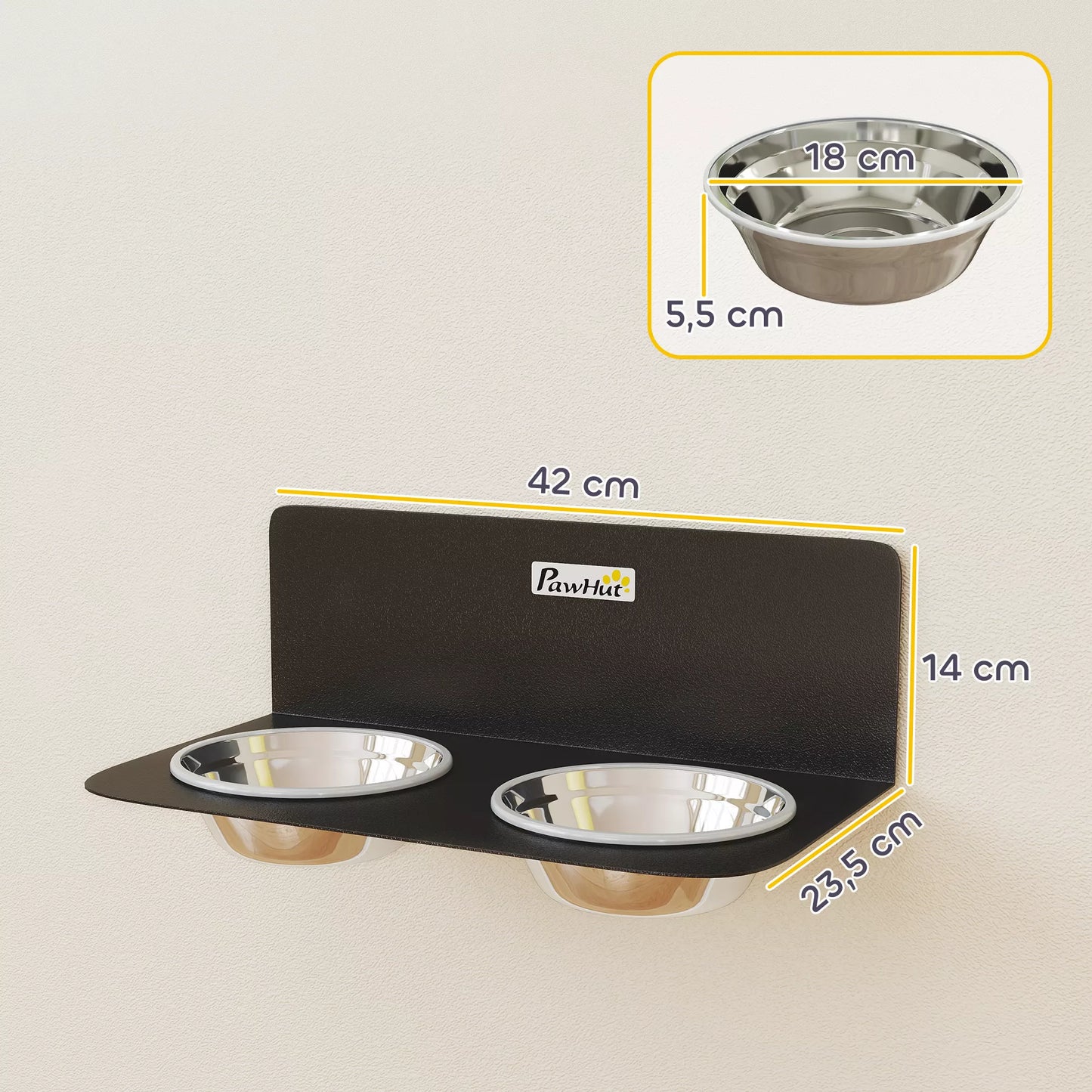 Šunų dubuo, reguliuojamo aukščio, sieninis dubuo su 2 x 800 ml nerūdijančio plieno dubenėliais, 42 x 23,5 x 14 cm, juodos spalvos