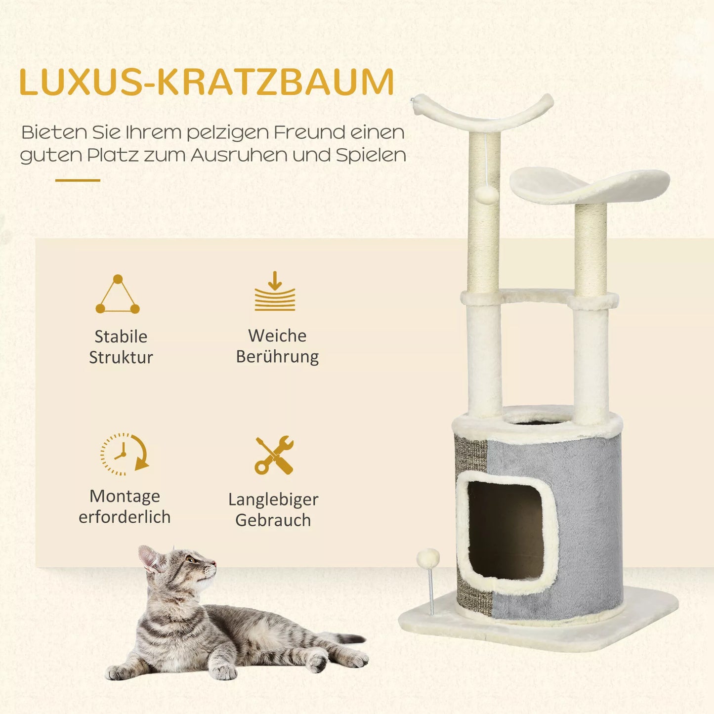 PawHut Kačių medis su guoliu, dviem pakylomis, dviem draskyklėmis, pliušiniu apmušalu, kreminės baltumo spalvos, 48 x 48 x 110cm