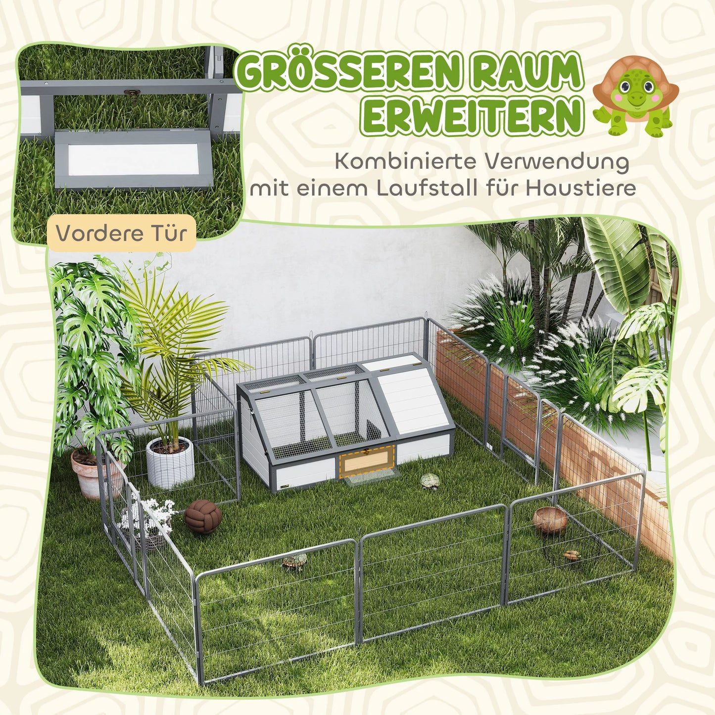 Vėžlių dėžė, lauko vėžlių aptvaras, be dugno dizainas, lengvai atidaromas, vėžlių namelis, baltas