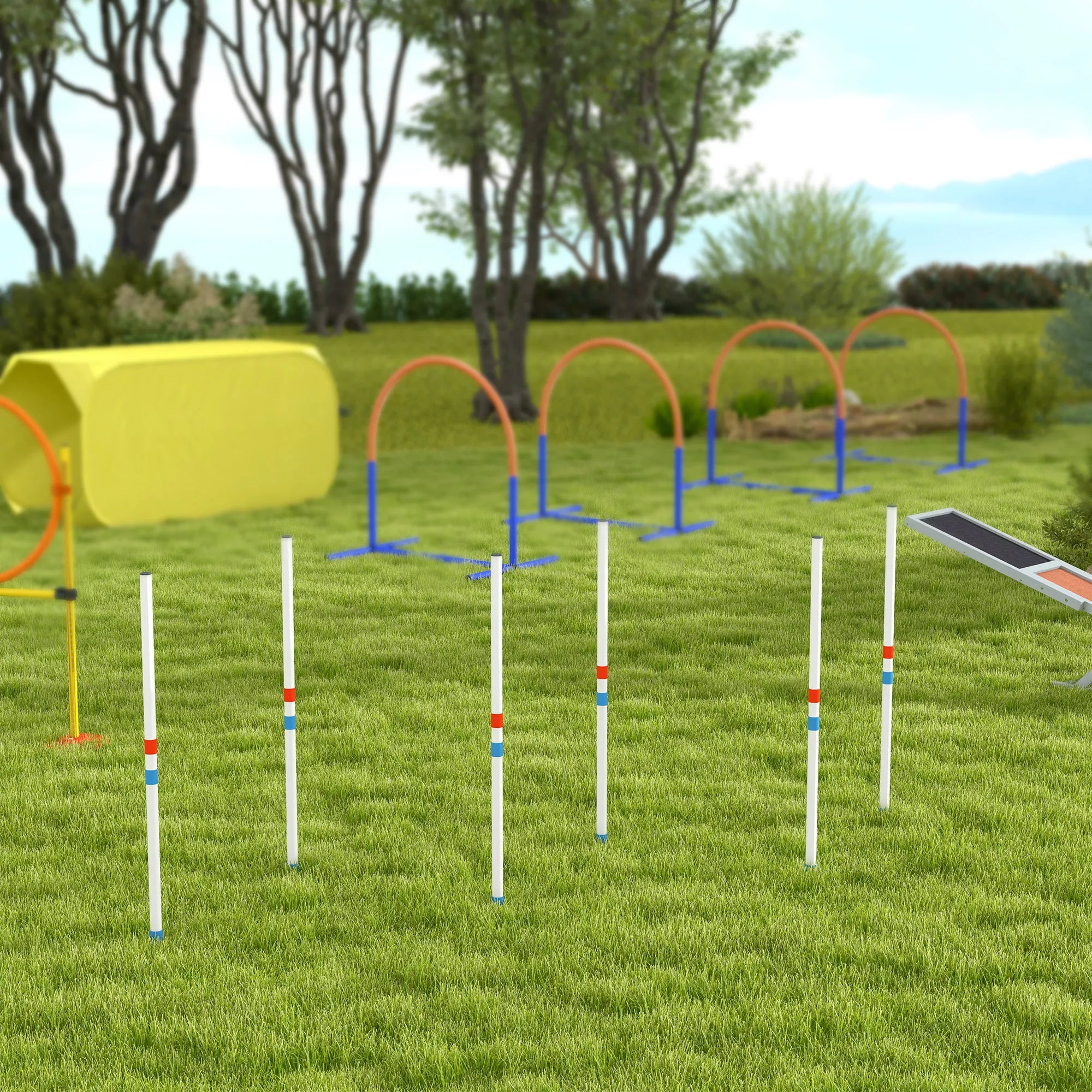 Agility rinkinys šunims, 6 dalių agiliti įranga šunų dresūrai, sulankstomas, su šuolių kartuvėmis ir 6 slalomų kartuvėmis, nešiojimo krepšys, treniruočių priedas, koordinacijos treniruotės, agiliti rinkinys žaidimams ir treniruotėms