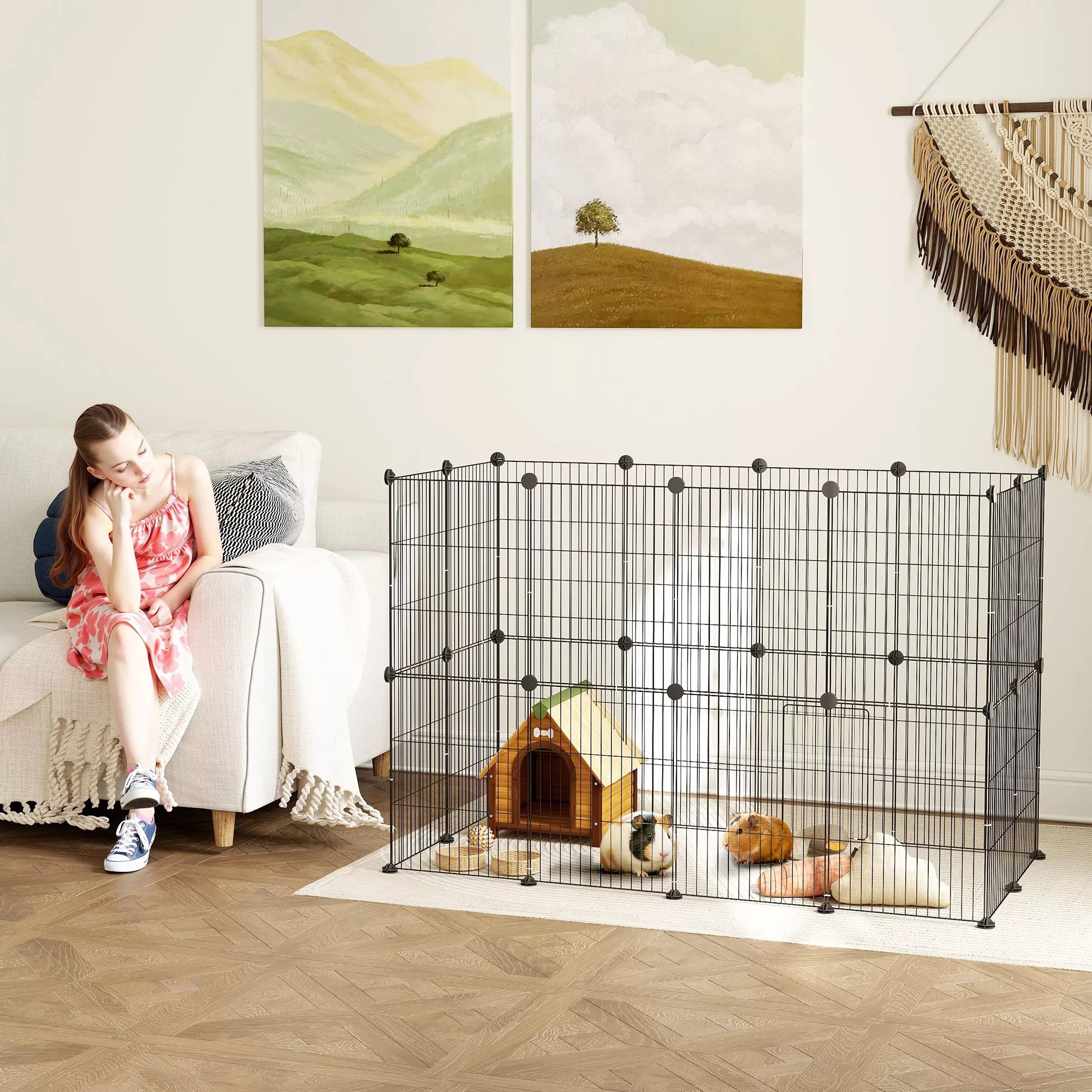 Narvelis smulkiems gyvūnams, lauko aptvaras, modulinė konstrukcija, 0,72 m² plotas, plienas, juodas