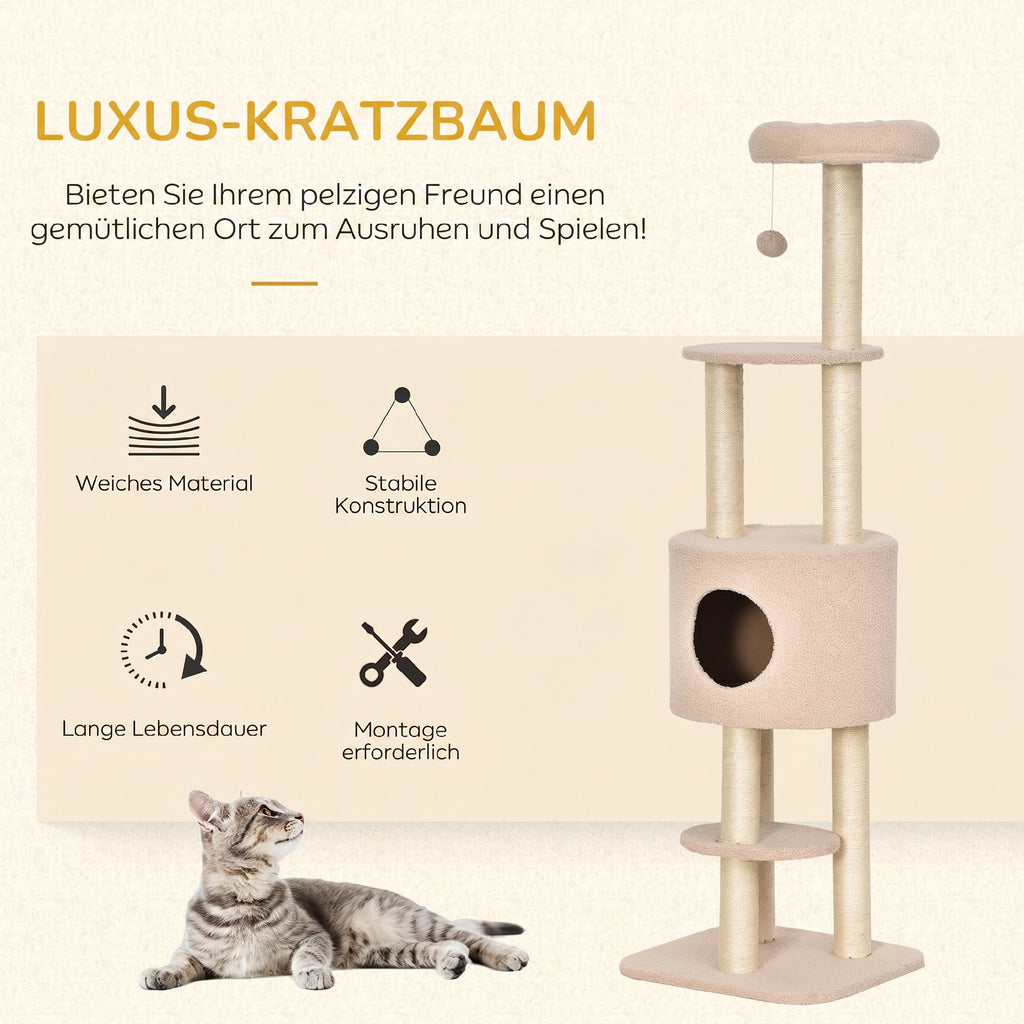 Draskyklė 148 cm su urveliu, platformomis, sizalio stulpais ir žaislu, katėms iki 5 kg, smėlio spalvos