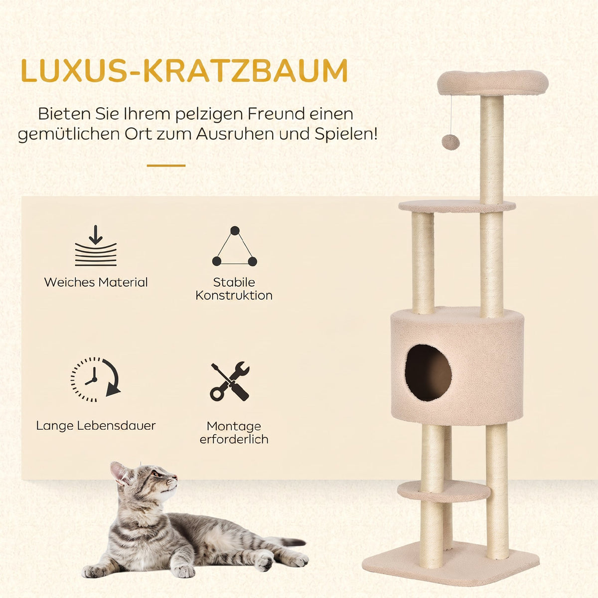 Draskyklė 148 cm su urveliu, platformomis, sizalio stulpais ir žaislu, katėms iki 5 kg, smėlio spalvos