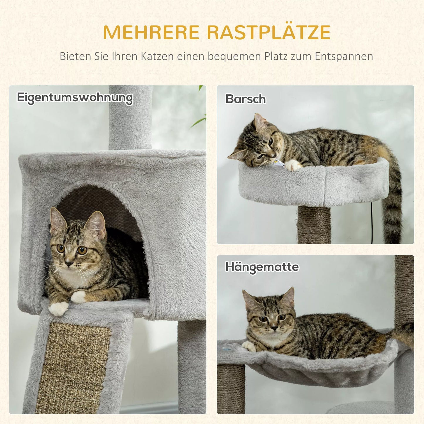 Kaķu skrāpēšanas stabs ar spilvenu, gultu, šūpuļtīklu un rotaļlietām 60 cm x 40 cm x 113 cm, gaiši pelēks