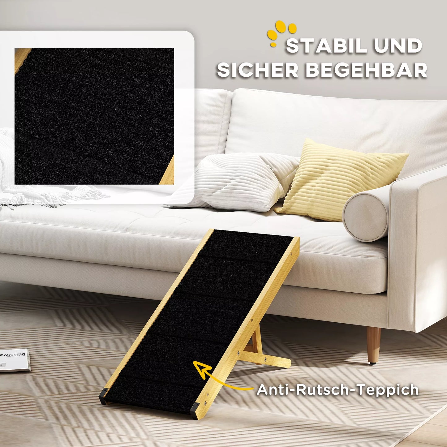 Naminių gyvūnų rampa, reguliuojama, 4 pakopos, neslidži, pušies medžio, sulankstoma, skirta šunims iki 15 kg