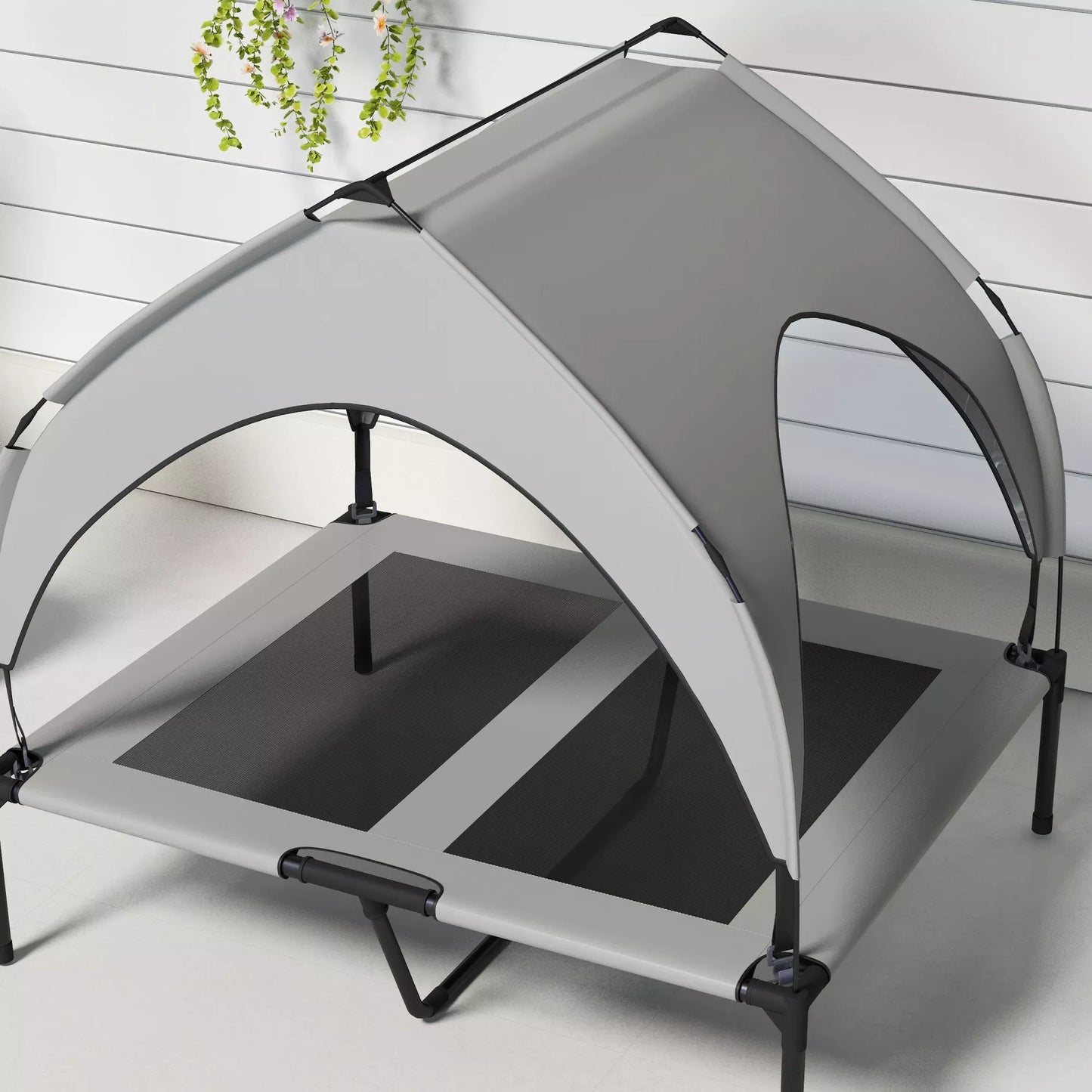 Šunų guolis su stogeliu, kvėpuojantis, atstumiantis vandenį, iki 30 kg, 91 x 76 x 89 cm, šviesiai pilkos spalvos