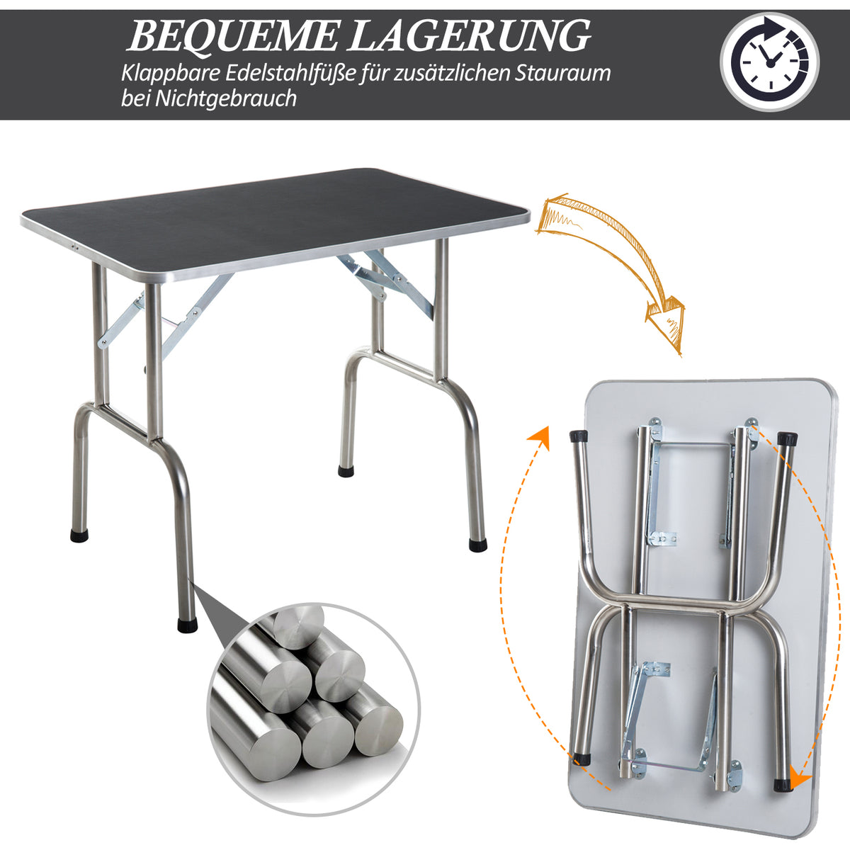 Kirpimo stalas šunims 90x60x75 cm, sulankstomas, su pasukamu laikikliu ir tinkline lentynėle, iki 150 kg, juodas
