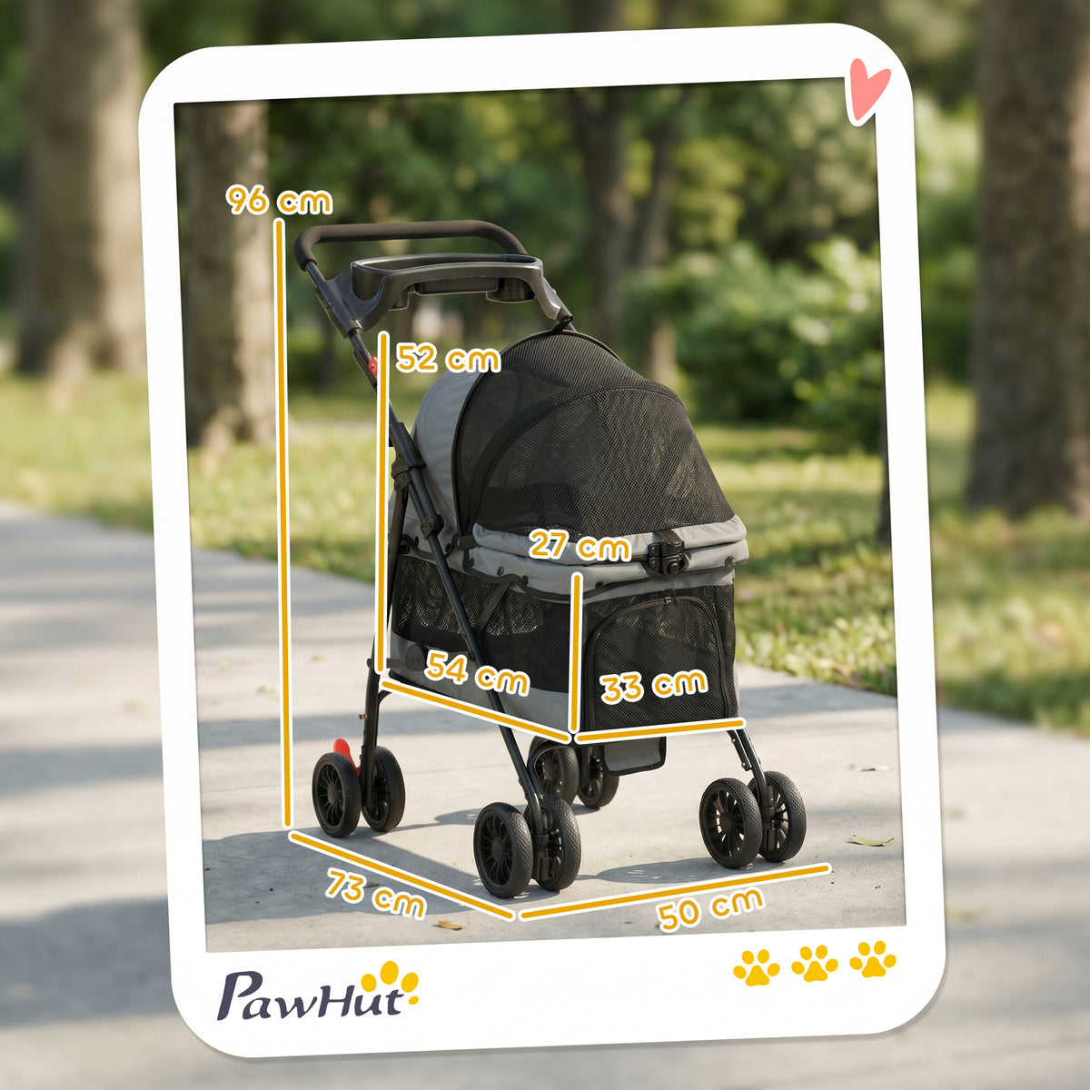 Vežimėlis šunims iki 10 kg, sulankstomas, su pagalvėle, tinkliniais langais ir puodelio laikikliu, pilkas