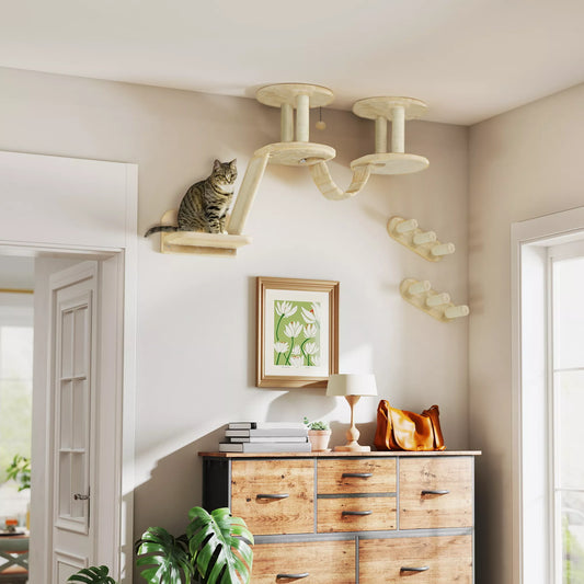 Kačių laiptelių komplektas, tvirtinama prie sienos ir lubų, katėms iki 5 kg, smėlio spalvos