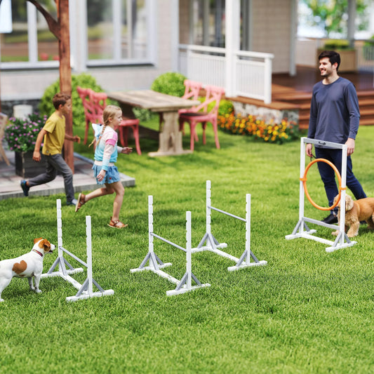 Agility rinkinys šunims, 4 dalių dresūros įranga su aukščio reguliuojamomis kliūtimis ir lanku, baltas