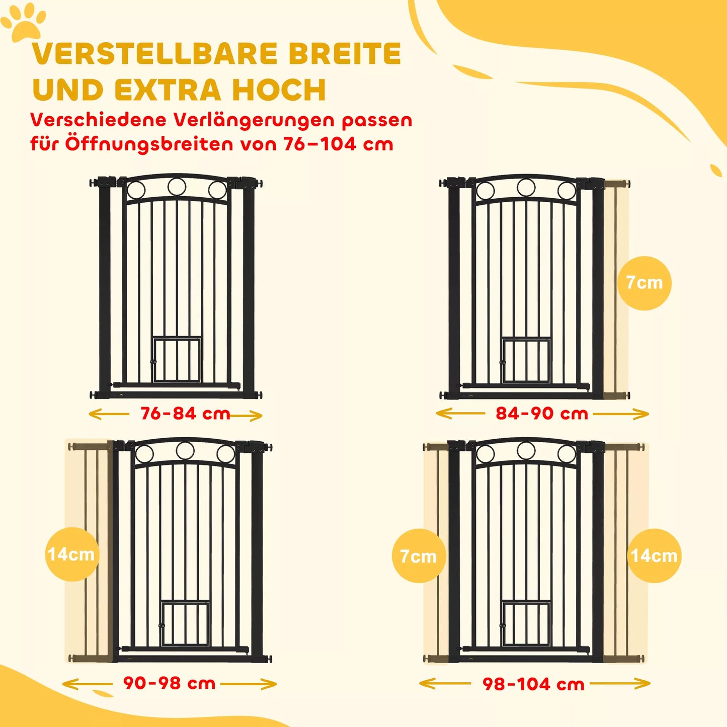 106 cm aukščio reguliuojamo pločio gyvūnų varteliai su integruotomis katės durelėmis, skirti laiptams ir durų staktoms, juodi