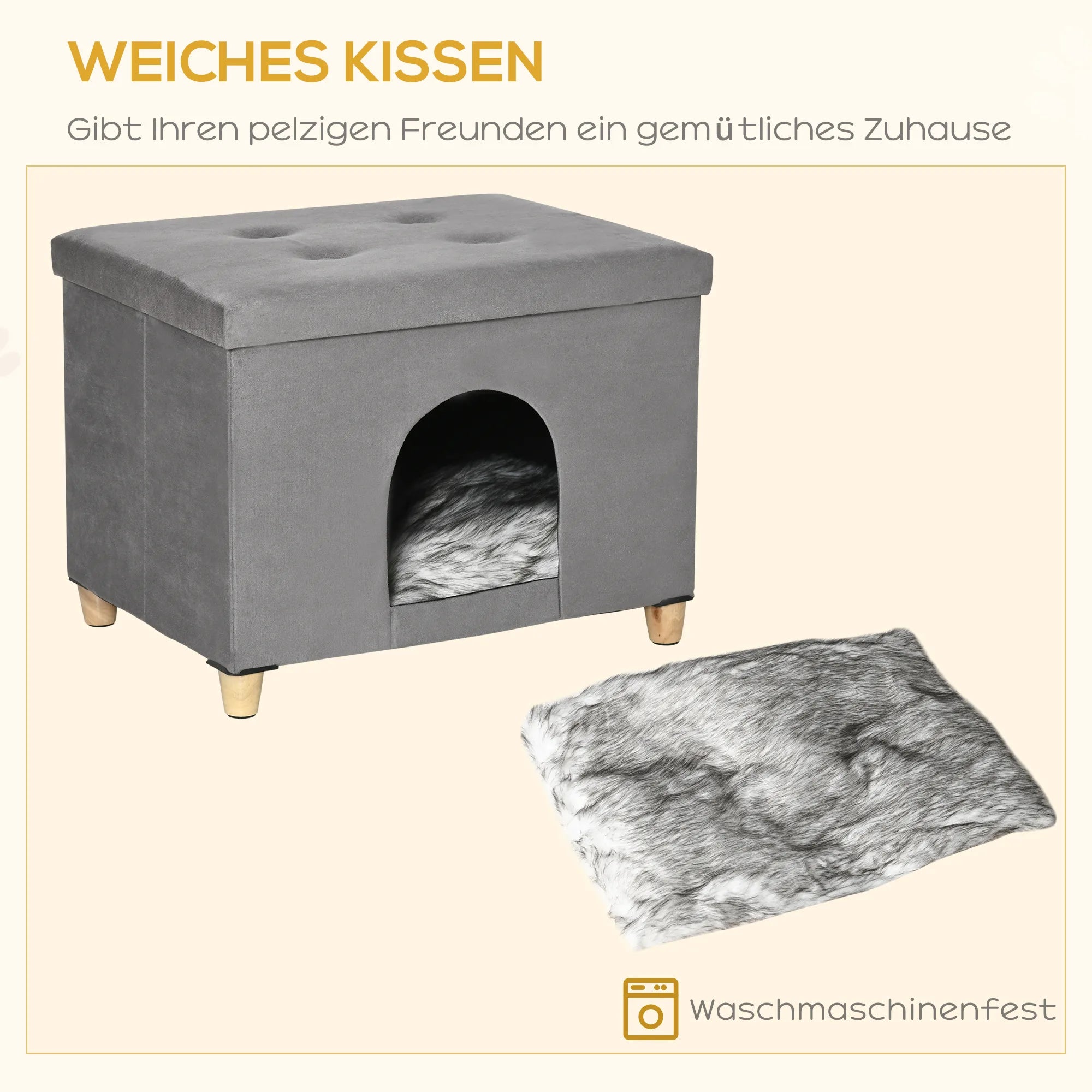 2-IN-1 kačių urvas pufas su pagalvėle medinės kojos kačių namelis kačių krepšys minkštas paminkštintas ottomanas elegantiškas dizainas nuimamas MDF pliušas pilkas 60 x 45 x 44,5 cm