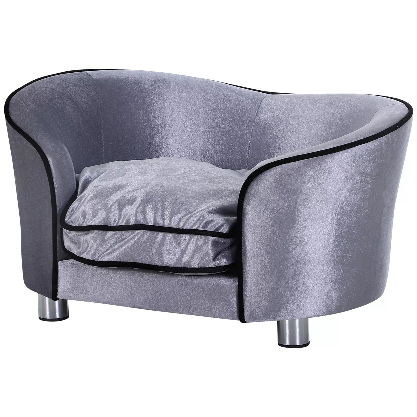 Šunų sofa, šunų lovelė, skalbiama sėdimoji pagalvėlė, pliušinis užvalkalas, natūralaus medžio rėmas, šviesiai pilka, 69 x 49 x 38cm