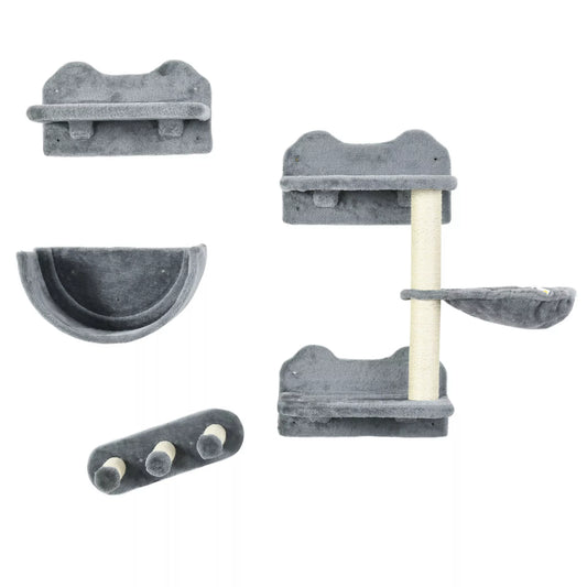 Katės laipiojimo sienelės komplektas, hamakas, draskyklė, šokinėjimo platformos, pliušas, sizalis, pilka spalva