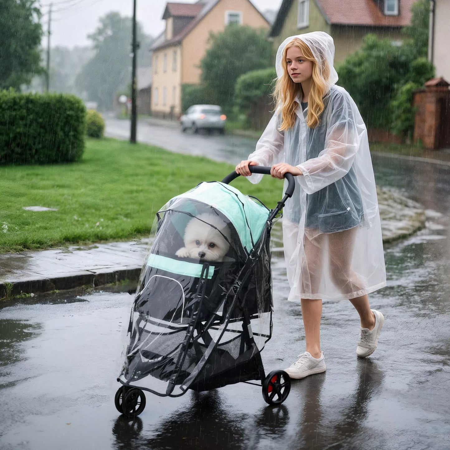Vežimėlis augintiniams šunims, sulankstomas, su apsauga nuo lietaus, 2 puodelių laikikliai, Mėlyna + Žalia
