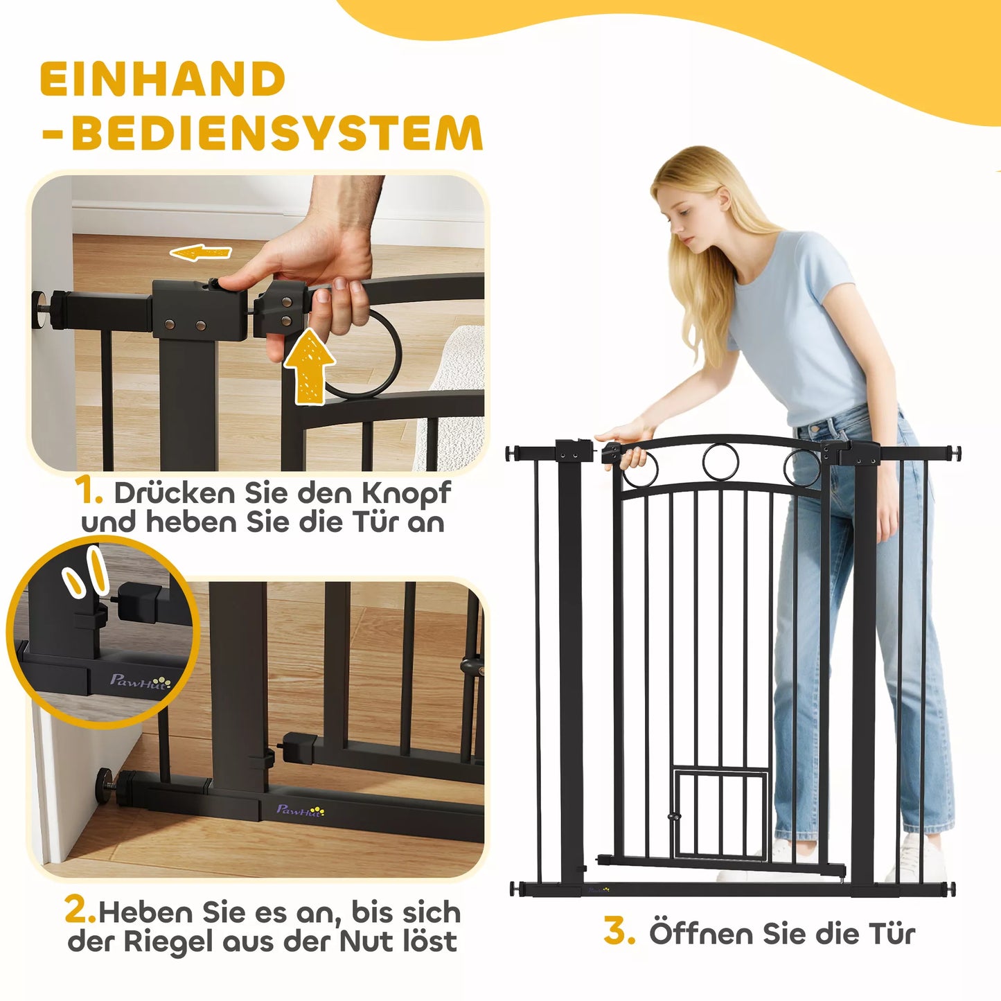 106 cm aukščio reguliuojamo pločio gyvūnų varteliai su integruotomis katės durelėmis, skirti laiptams ir durų staktoms, juodi