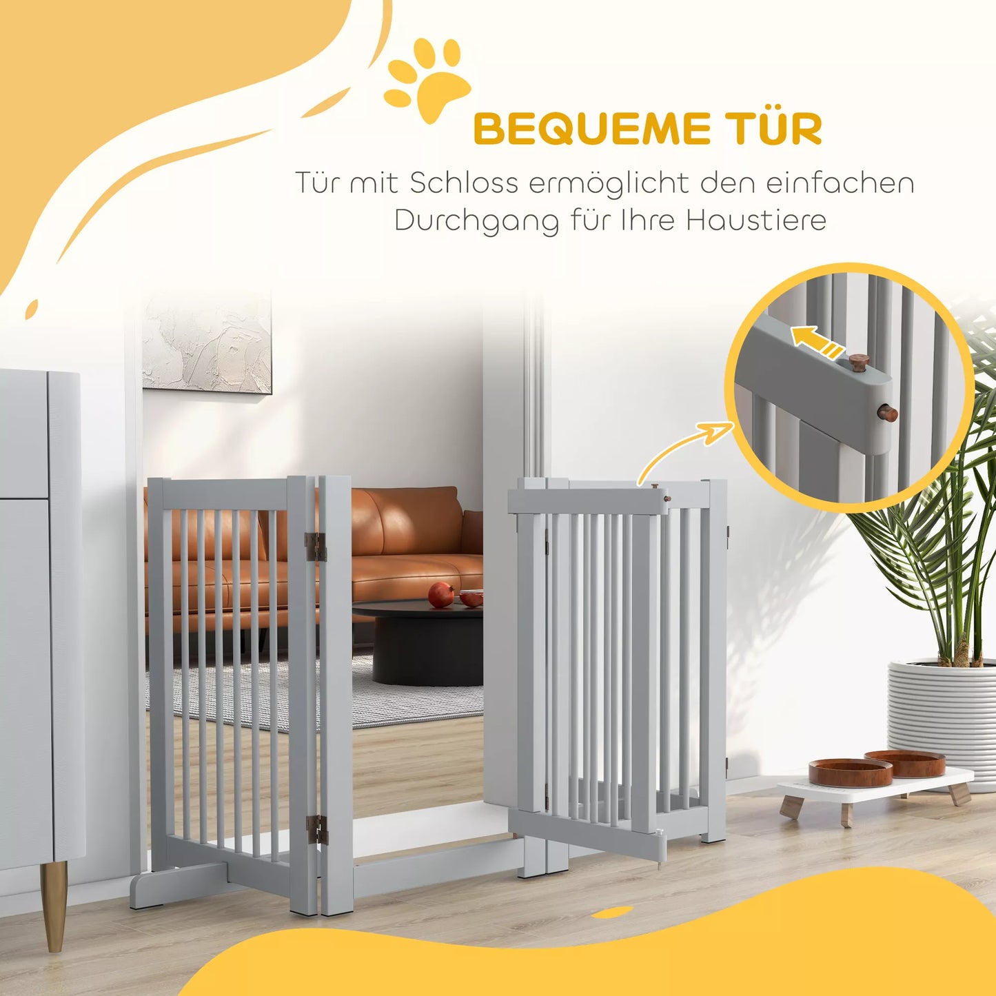 Laisvai statoma šunų tvorelė, 4 skydai, lanksti, pušies mediena, 204I x 36P x 75A cm, šviesiai pilka