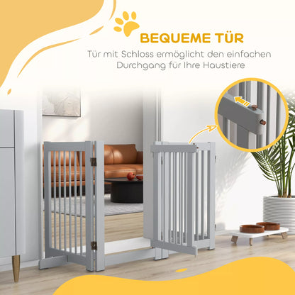 Laisvai statoma šunų tvorelė, 4 skydai, lanksti, pušies mediena, 204I x 36P x 75A cm, šviesiai pilka