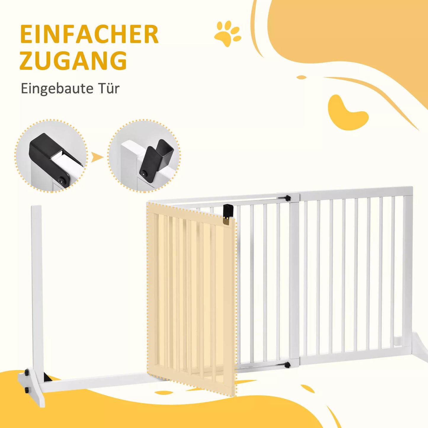 PawHut Medinis laisvai pastatomas šunų atitvaras su durelėmis, konfigūruojamas, tinka židiniui ir krosnelei, baltas 113-166 x 36 x 71 cm